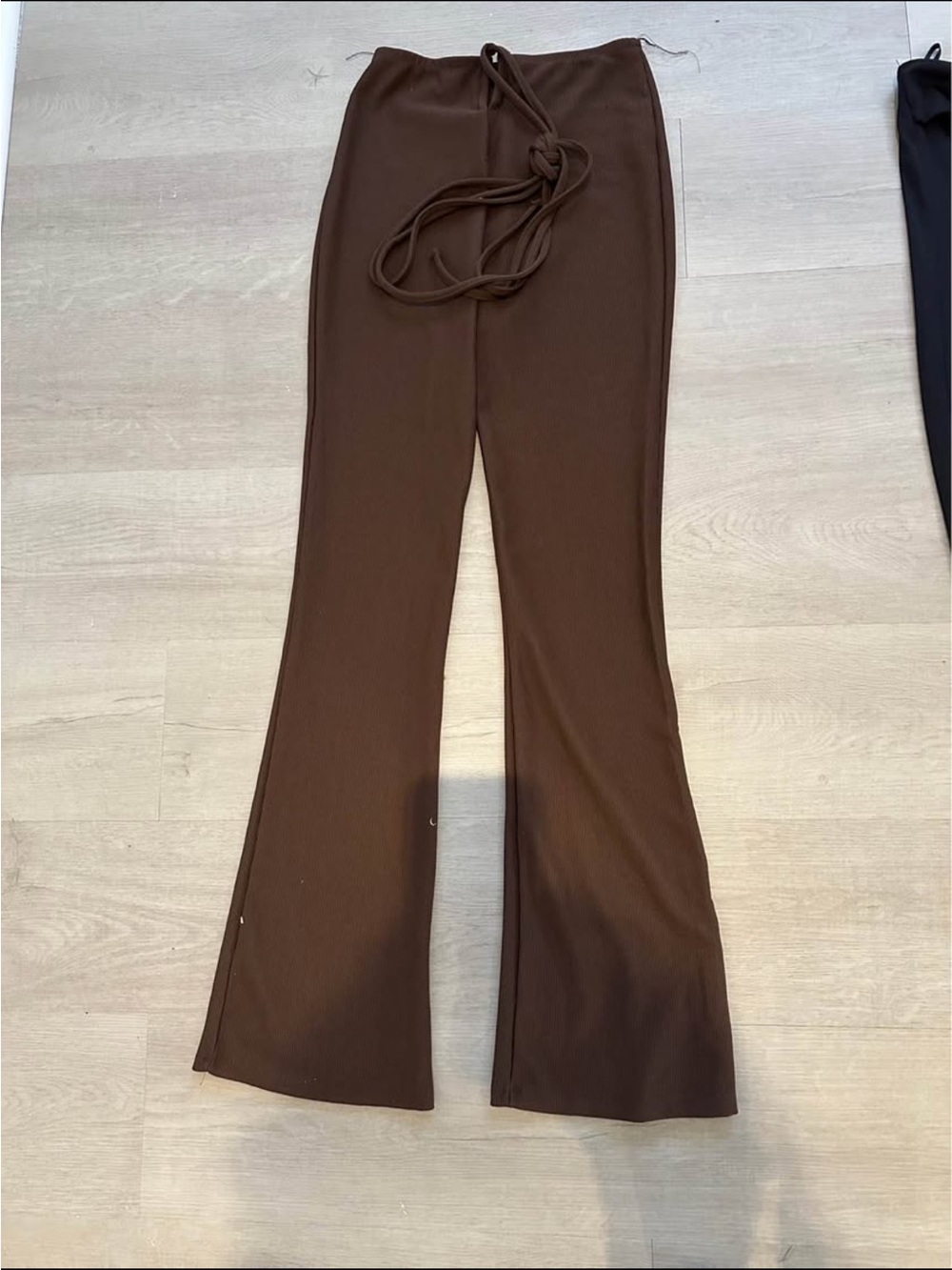 Women's Brown Flared Knit Pants with Waist Tie